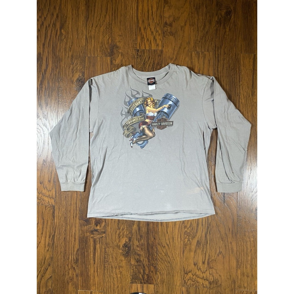Harley Davidson Flames Pinup Girl Long Sleeve Shirt 2XL Thunderbird Skull